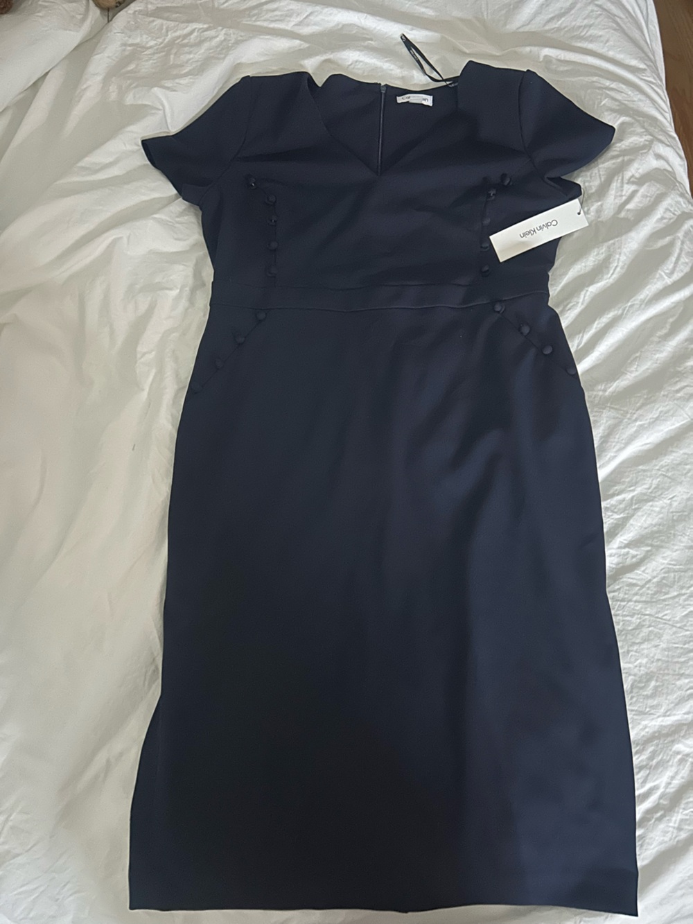 Calvin Klein Navy Tailored Pencil Skirt with Covered Buttons